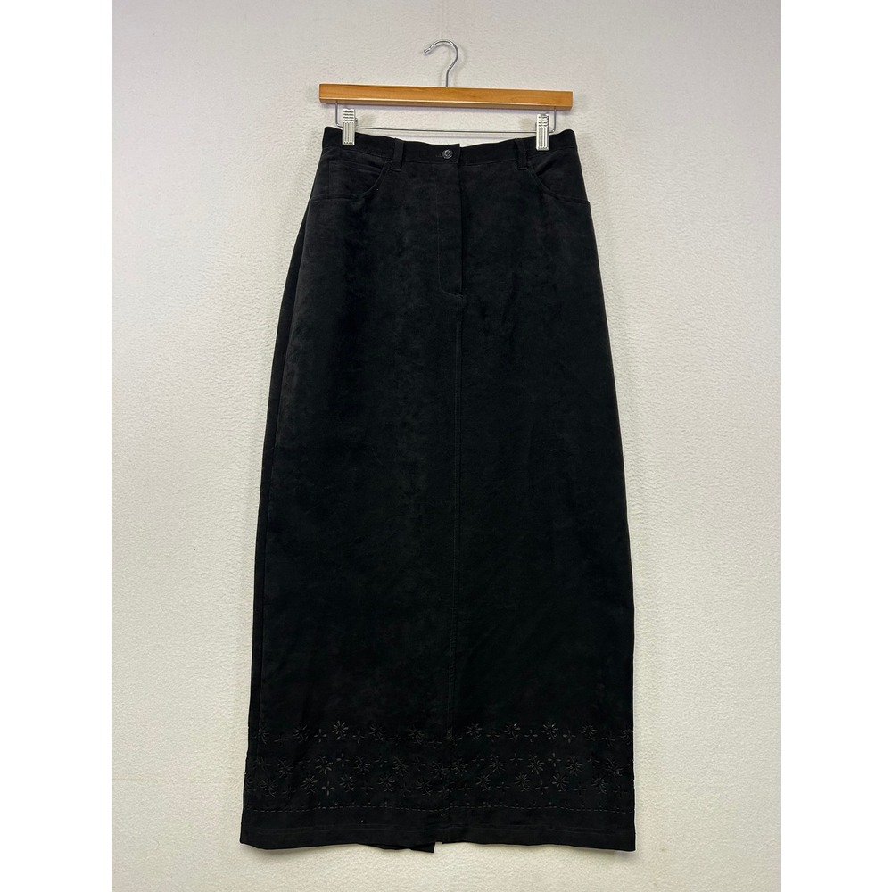 Western Christopher & Banks Women 8 Black Faux Suede Eyelet Maxi Skirt Academia
